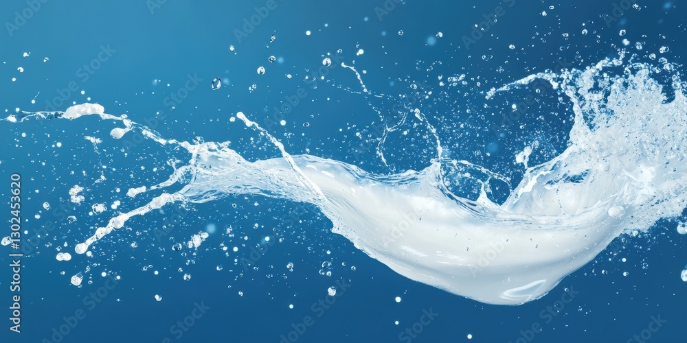 Poster splashing water creating dynamic patterns and droplets against a vibrant blue background