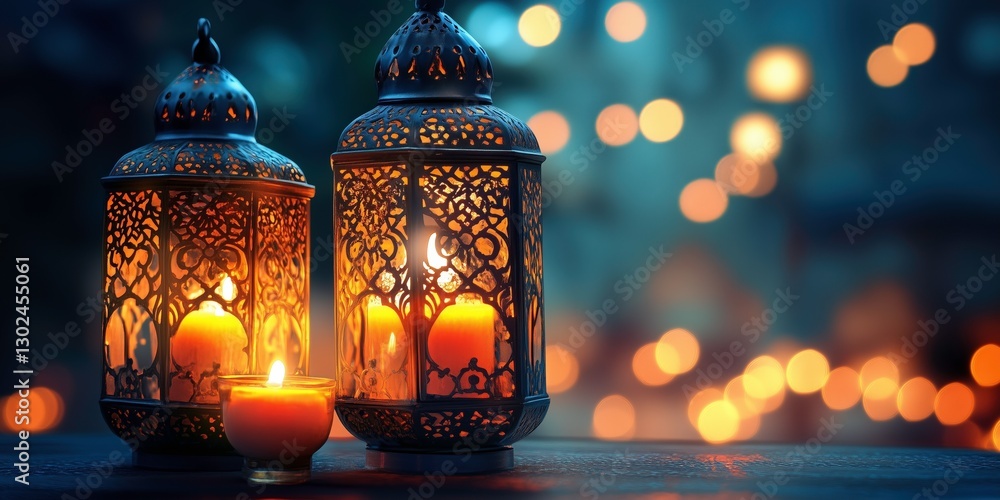 Poster illuminated lanterns: two ornate lanterns with intricate designs, lit by warm candlelight, create a 