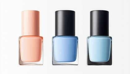 Obraz premium Three stylish nail polish bottles in pastel shades: peach, blue, and light blue, arranged neatly against a white background.