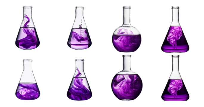Colorful Purple Liquid Swirls Inside Glass Chemistry Lab Apparatus, Bundle Set Collection, Isolated on Transparent Background