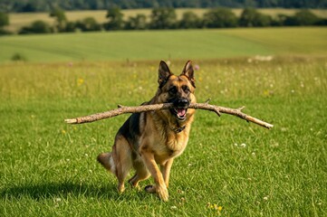 A German Shepherd dog running through a field with a stick in its mouth