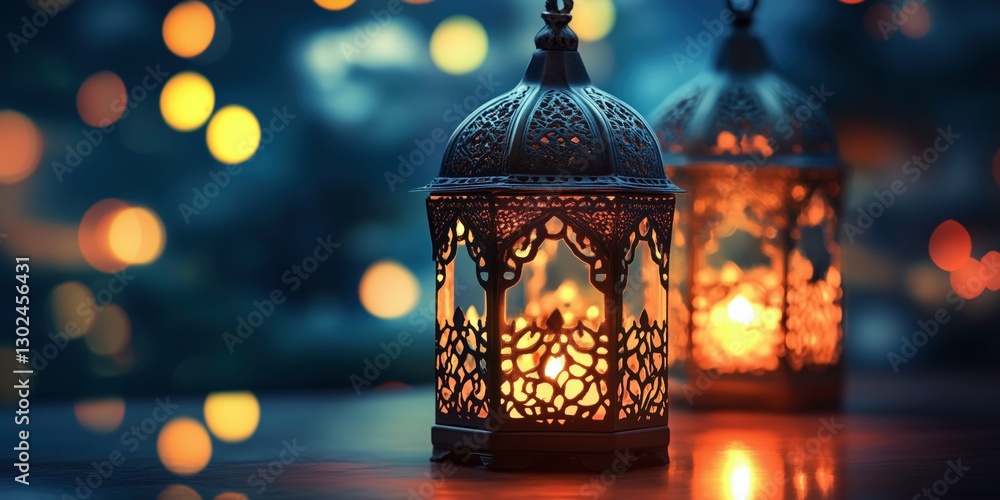 Poster illuminated lanterns: a pair of intricately designed lanterns casts a warm, inviting glow against a 