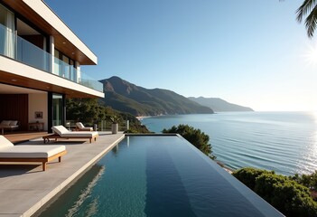 Fototapeta premium Beachfront Elegance: Minimalist Luxury Home with Lavish Interiors, Panoramic Views, Modern Architecture, Serene Ambiance, and Coastal Paradise Living.