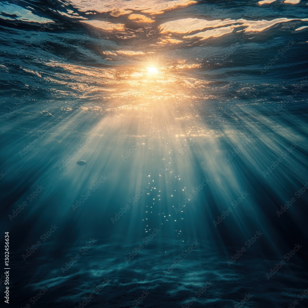 Poster sunlight streaming through clear water beneath ocean surface creating a magical underwater scene wit