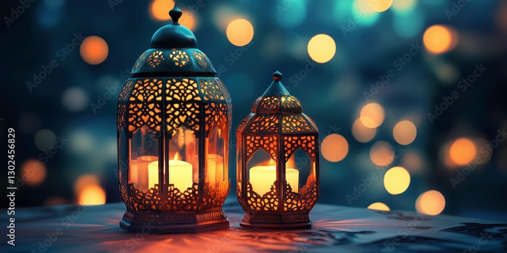 Poster glowing lanterns: two ornate lanterns illuminated with flickering candles, creating a warm and invit