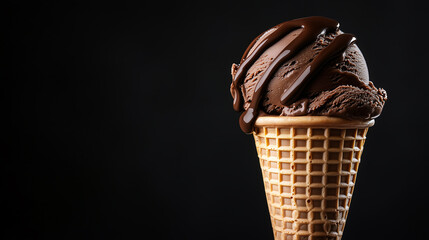 chocolate flavored vanilla scoop of ice cream in a waffle cone, with chocolate drizzle on top again black background 
