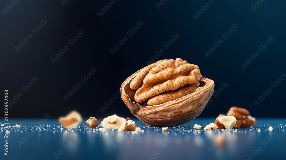 Poster walnut is sitting on a table with some other nuts scattered around it. the walnut is open and the ot