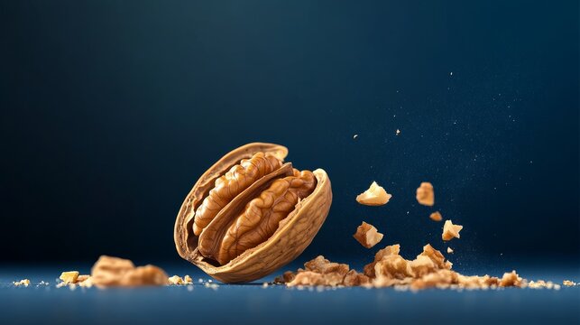 Nut shell is on a blue surface with some nut pieces scattered around it. Concept of abundance and the idea of enjoying the nuts