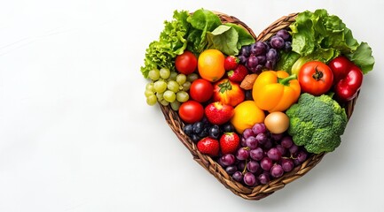 Hearty Harvest: A vibrant heart-shaped arrangement overflowing with a colorful bounty of fresh fruits and vegetables, symbolizing health, vitality, and the goodness of nature.