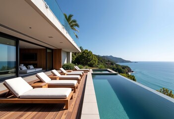 Fototapeta premium Lavish Beachfront Luxury Home: Minimalist Interiors, Panoramic Views, Coastal Living, Modern Architecture, Elegant Design, and Captivating Oceanfront Property.