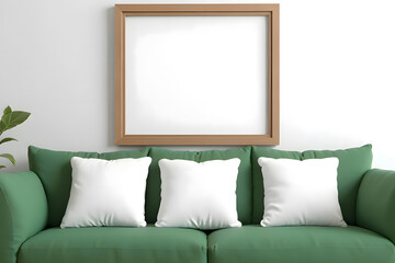 green fabric sofa There were three pillows on the sofa. Behind the sofa was an empty wooden picture frame.