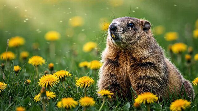 Groundhog sitting among bright dandelions in a lush green field, looking curiously
