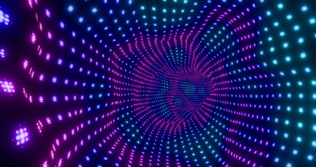 Futuristic glowing bright dots background. Shining curve neon lights in purple and blue. 3D rendering.