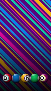 Bingo rotating balls spelling bingo on a colorful diagonal striped background