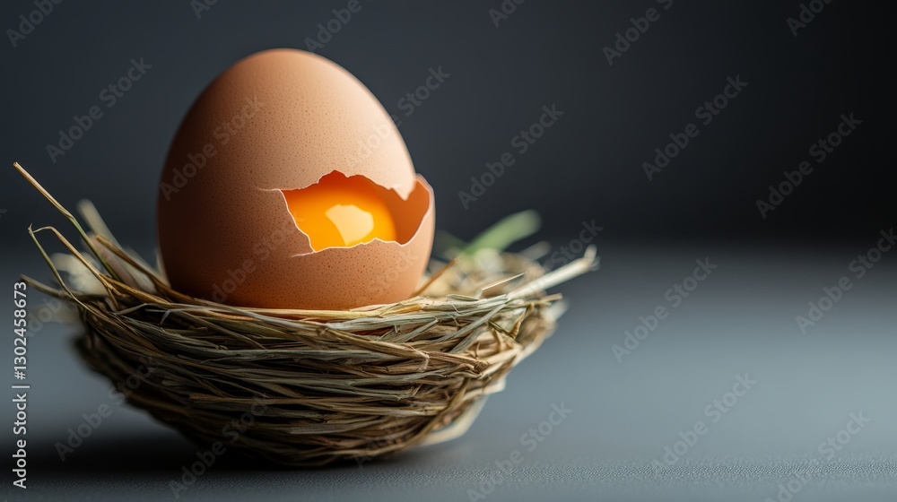Poster broken egg with a yolk inside of a nest. the nest is made of straw and is placed on a table. the egg