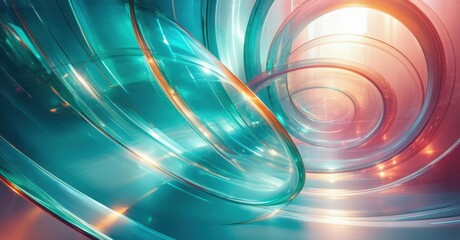 Futuristic surreal abstract composition interwoven translucent rings vivid pastel cyan sunset pink metallic bronze smooth blurred lighting