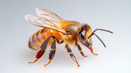 A close-up image of a honeybee showcasing its detailed features, including wings, legs, and antennae against a soft background.