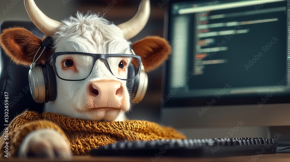 Aufkleber cow wearing glasses and headphones is sitting in front of a computer keyboard. the cow appears to be