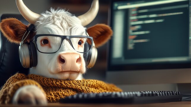 Cow wearing glasses and headphones is sitting in front of a computer keyboard. The cow appears to be working on a computer, possibly typing or browsing the internet. Concept of humor and playfulness