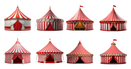 Colorful Circus Tents Collection with Stripes and Flags, Bundle Set Collection, Isolated on Transparent Background