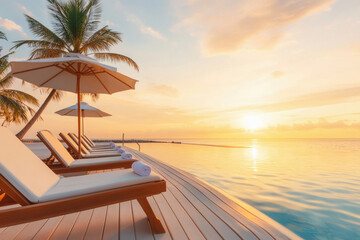 Fototapeta premium sunset over the pool of an elegant resort in the Maldives, with palm trees and lounge chairs reflecting on the clear water