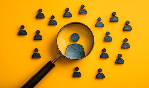 Magnifying Potential: A close-up of a magnifying glass focuses on a central figure icon amidst a circle of other similar icons, symbolizing recruitment or talent selection.