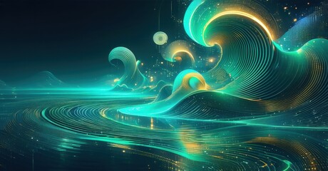 Luxury high tech cyber art glowing neon concentric waves luminous teal warm gold deep space blue intricate reflections bold contrasts