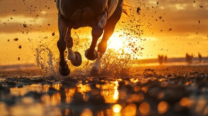 Horse galloping sunset beach, splashing water, silhouettes