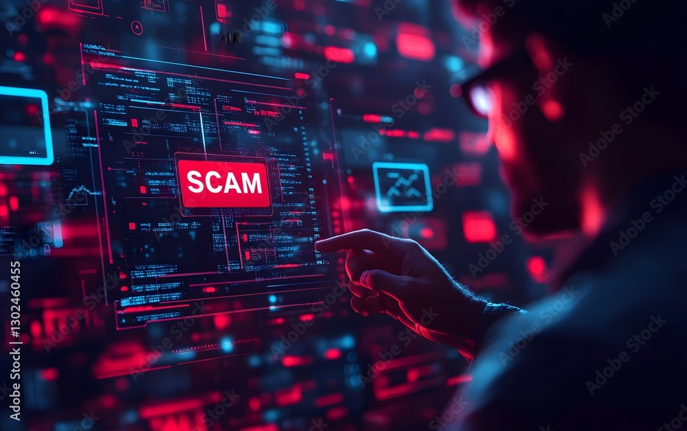 Poster cybersecurity alert: a vigilant figure observes a digital interface displaying the word 