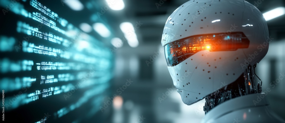 Poster futuristic robot with illuminated face against digital code background in high-tech environment