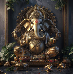 Fototapeta premium a Ganesha statue in gold color with lotus flowers. On the floor, there are some plants around it