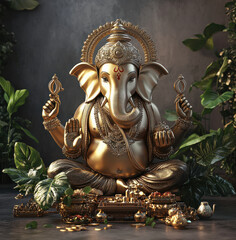 Fototapeta premium a Ganesha statue in gold color with lotus flowers. On the floor, there are some plants around it