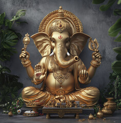 Fototapeta premium a Ganesha statue in gold color with lotus flowers. On the floor, there are some plants around it