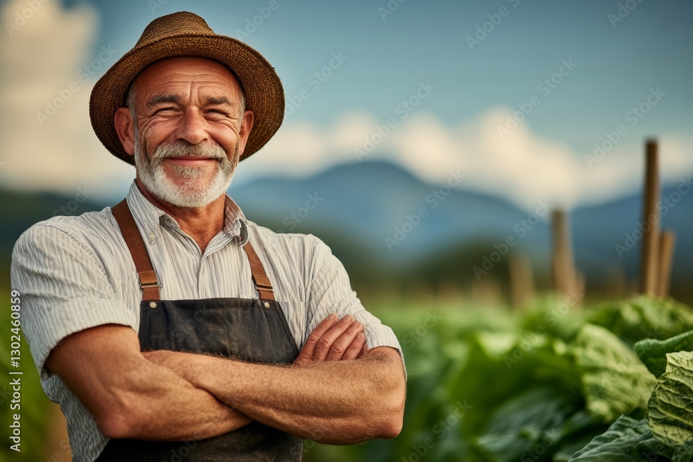 Poster man with a straw hat and apron is smiling and posing for a picture. he is standing in a field of gre