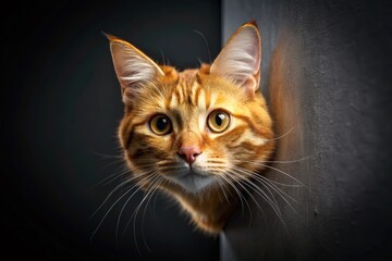 Curious Orange Tabby Cat Peeking Over Black Wall - Aerial View Clipart