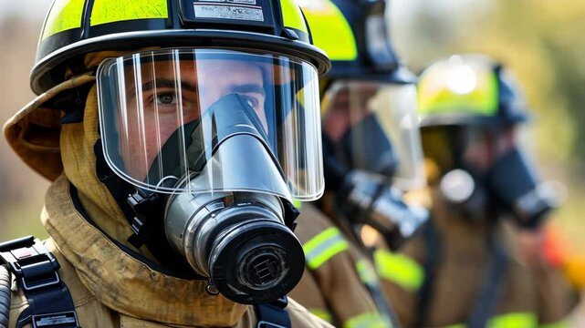 Firefighters prepare for a training exercise in full gear, showcasing teamwork and safety protocols during a sunny day outdoors