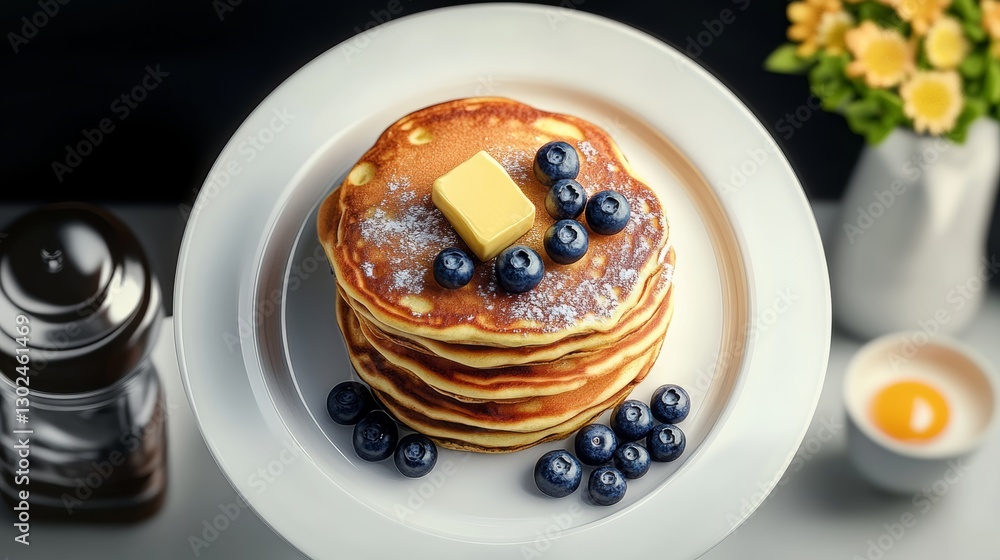 Poster stack of pancakes with blueberries and butter on top of a white plate. the plate is placed on a tabl