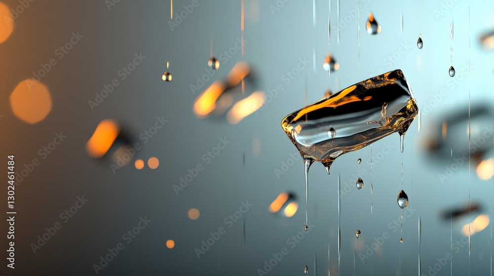 Poster liquid gold drop suspended in air with light reflections and shimmering droplets creating a vibrant 