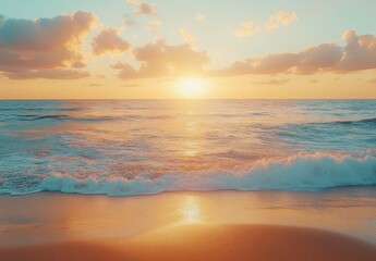 Obraz premium Tranquil Sunset Over Serene Ocean Waves with Gentle Foam on Shore Under Vivid Sky Hues of Orange, Pink, and Blue During Twilight Hours