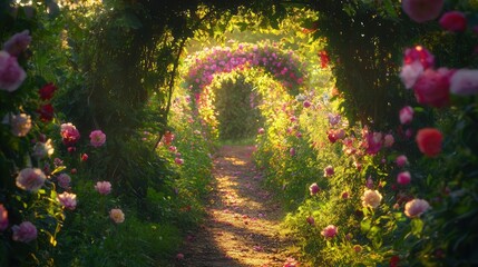 Sunlit Garden Path Through Blooming Rose Archway