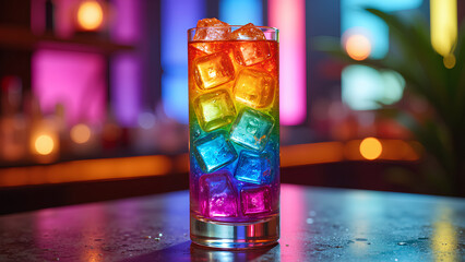 A vibrant cocktail glass filled with colorful ice cubes, set against a backdrop of glowing lights, creating a lively and festive atmosphere.