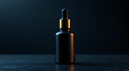 Naklejka premium A sleek black dropper bottle with a gold cap, set against a dark background, highlighting its elegant design.