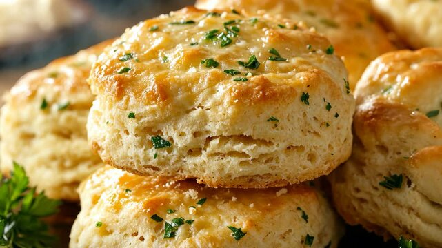 Fluffy herbal biscuits stacked on a wooden surface, freshly baked and golden brown