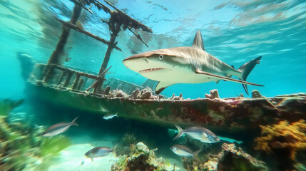 Fototapeta premium A majestic oceanic whitetip shark swims over the remains of a sunken ship, creating a captivating encounter in the vibrant underwater world
