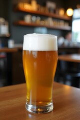 A glass of cold beer on wood table with blurred bar background. Beer mug. Refreshment and party concept. Alcohol beverage menu