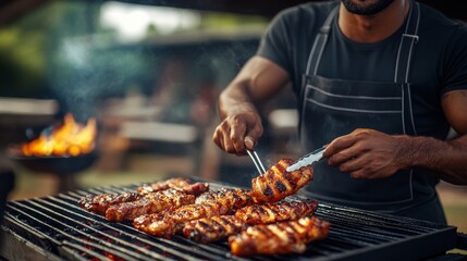 Man is cooking meat on a grill. The meat is being cooked on a grill with a lot of smoke coming from it