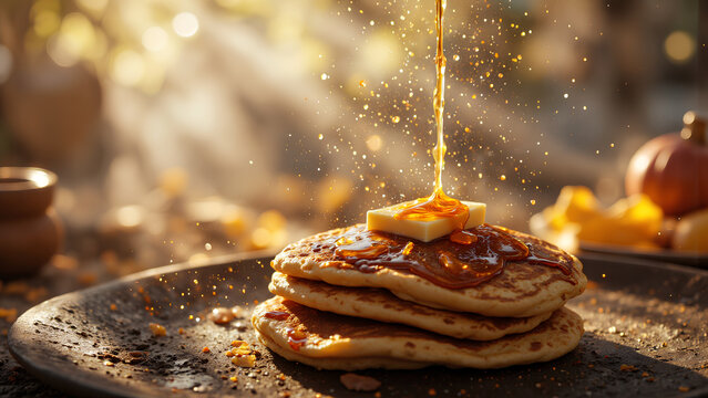 A stack of fluffy pancakes drizzled with syrup and topped with butter, set against a warm, autumnal backdrop with soft lighting.