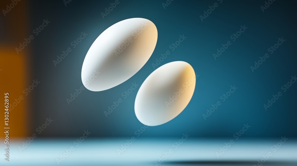 Poster two white eggs are floating in the air. the eggs are in the middle of the image and are the main foc