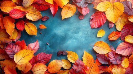 Autumn leaves frame, blue background