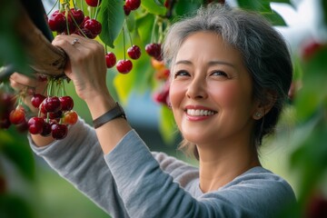 Woman is picking cherries from a tree. She is smiling and she is enjoying herself